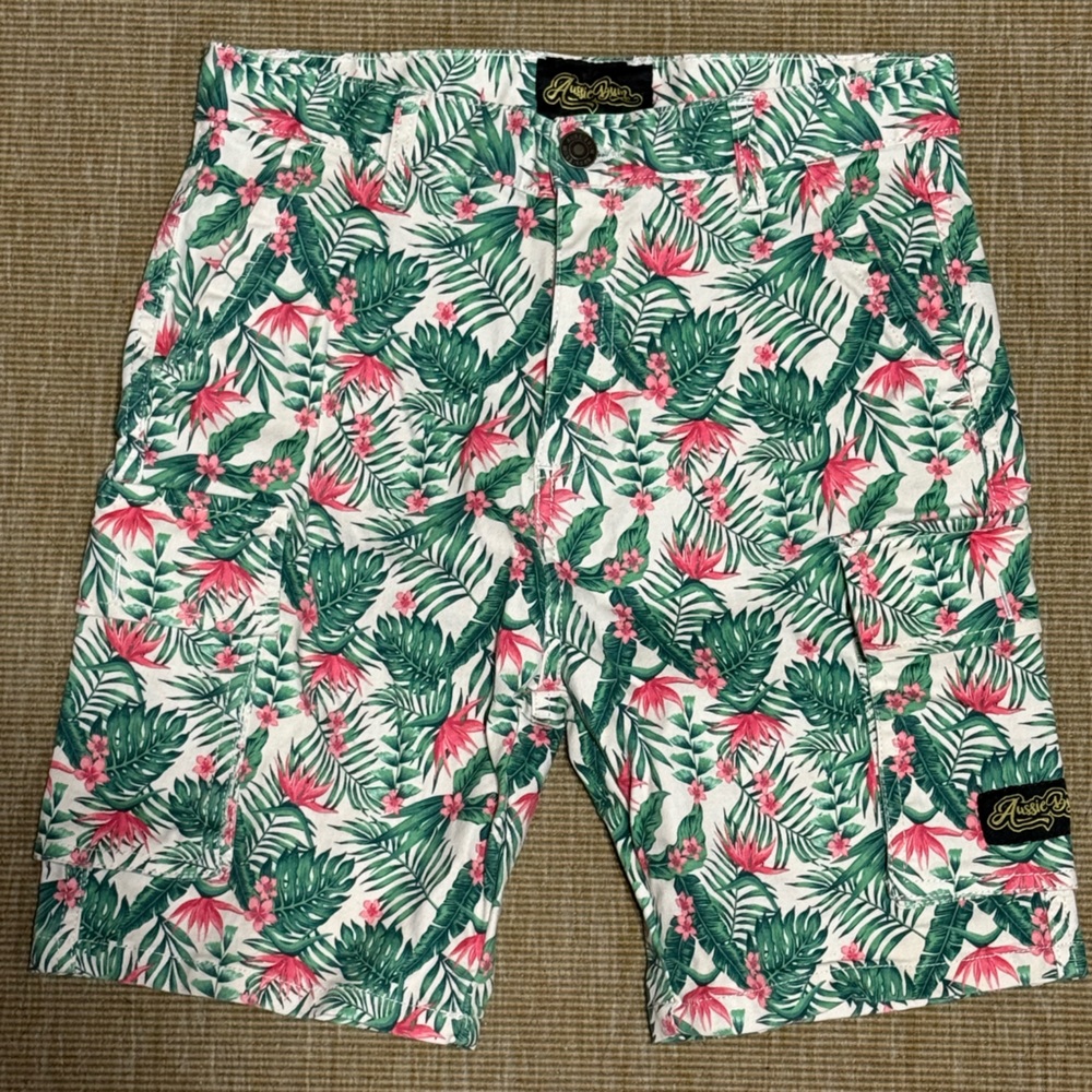 Tropical Print Men's Shorts - Green and Pink